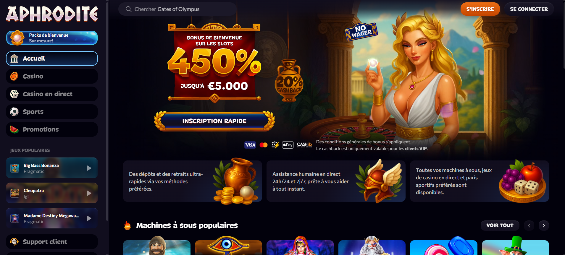 Découvrez l'interface incroyable du site Aphrodite Casino avec ses bonus généreux.